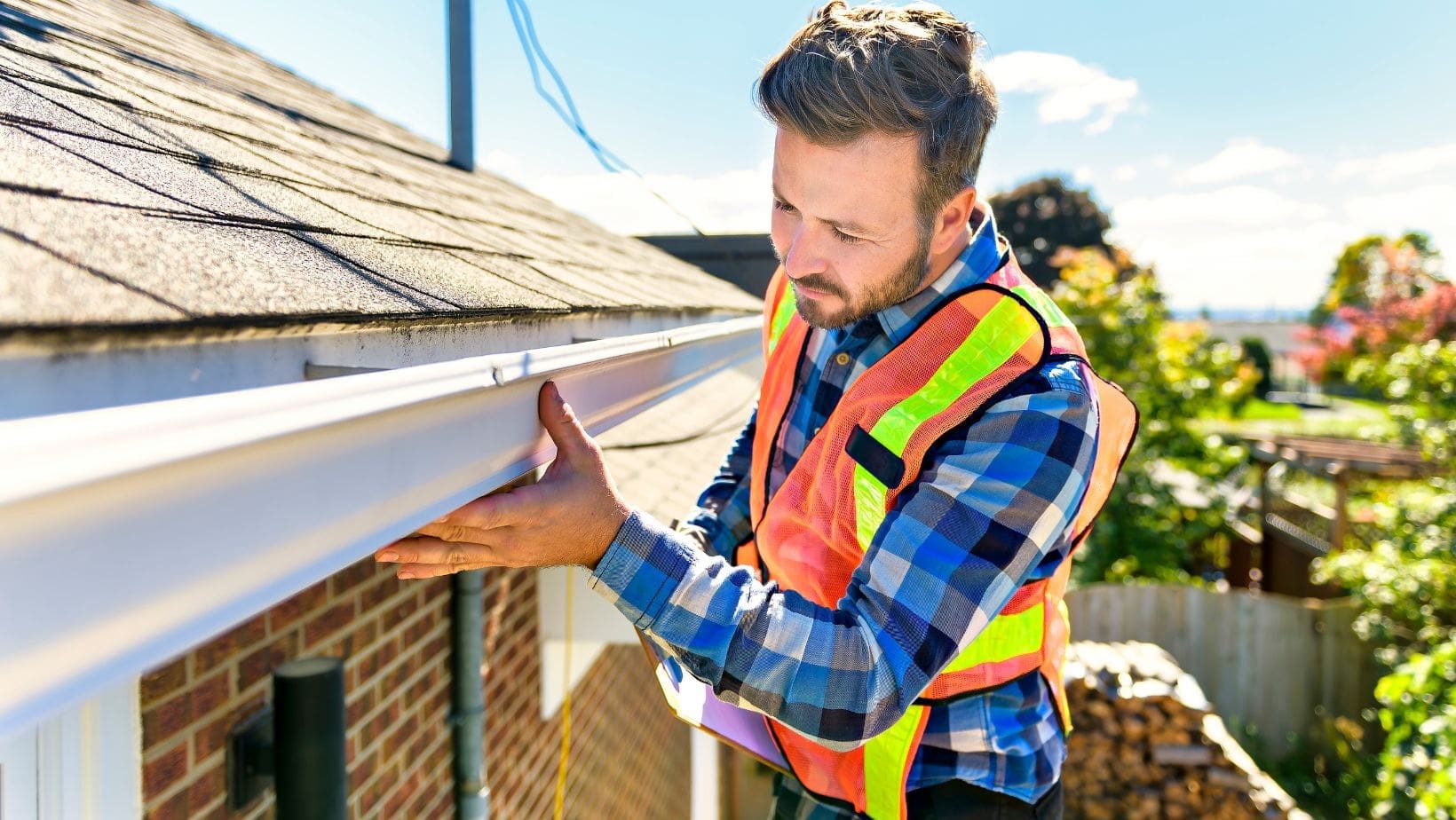 Roofing contractor in a high-visibility vest inspecting a home's gutters and roof for potential issues. A professional roof inspection can help identify damage, leaks, and maintenance needs. Empire Contractors offers free roof inspections to ensure homes stay protected and well-maintained.