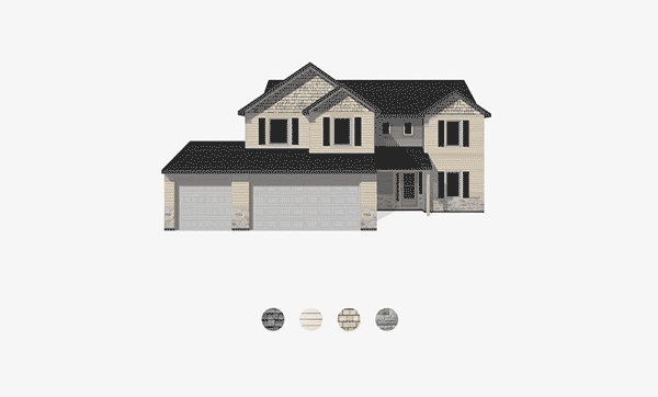 Two-story residential home with attached two-car garage, cream and gray siding, multiple windows, and dark asphalt shingle roof with gables
