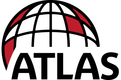 Atlas roofing and exterior home repair logo featuring a globe design with red sections and bold text, serving Cincinnati Ohio