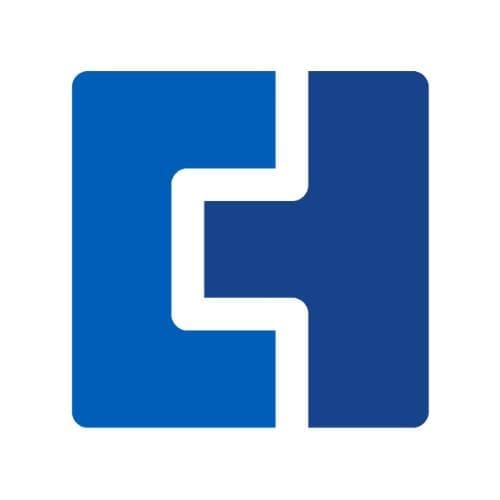 Blue and dark blue interlocking geometric logo with white negative space forming a stepped pattern in the center