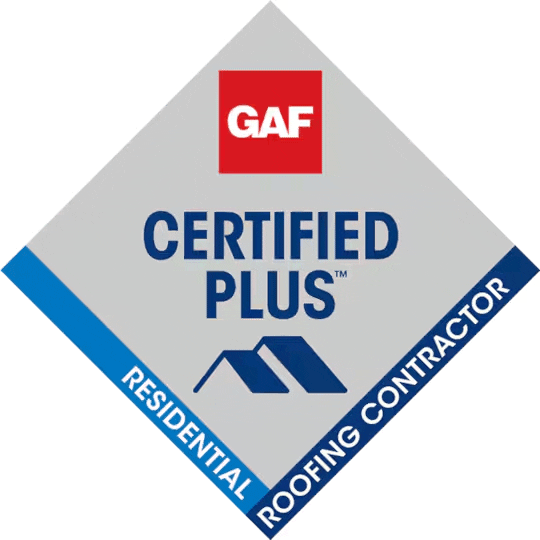 GAF Certified Plus residential roofing contractor badge with red logo and blue diamond accent